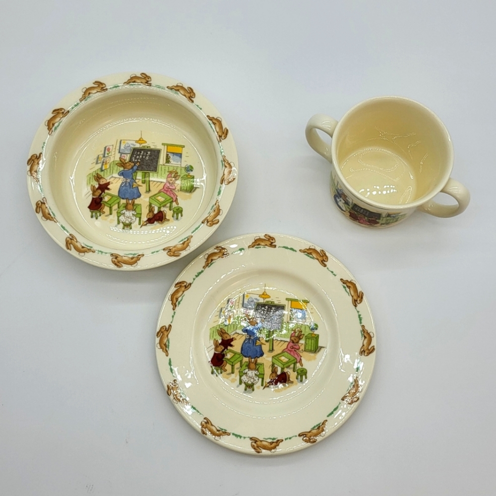 Royal Doulton Bunnykins 3 piece set bowl, plate, double handle mug classroom